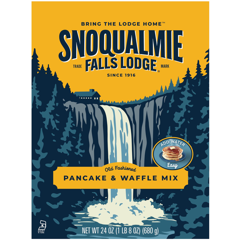Snoqualmie Falls Lodge pancake mix in a dry bowl for quick breakfast prep.