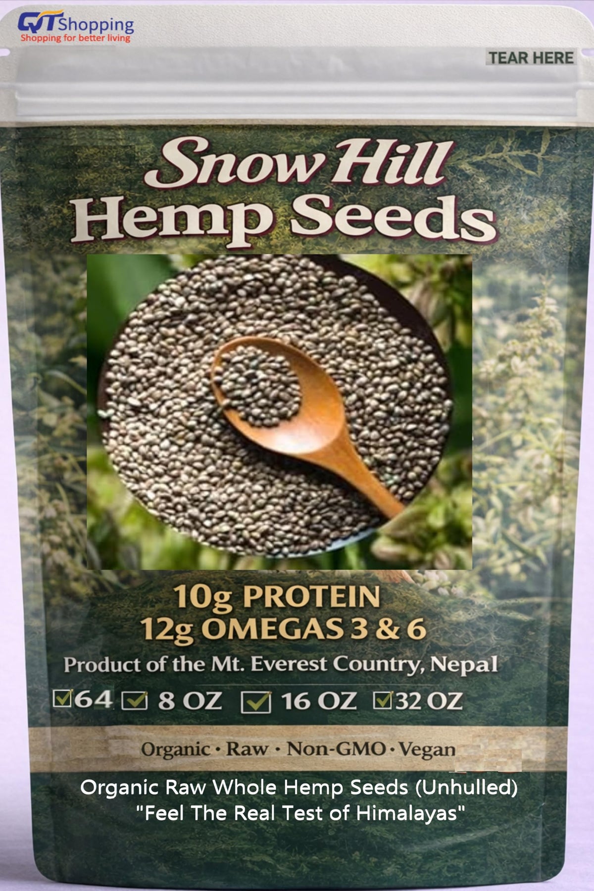 Snow Hill organic raw whole hemp seeds bag front for freshness and texture.