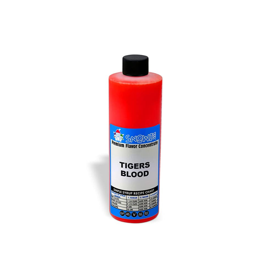 Snowie Tiger's Blood concentrate bottle ready for shaved ice flavoring.