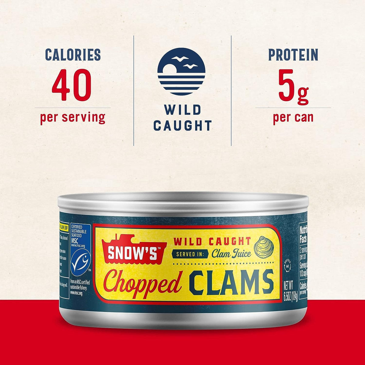 Snow's chopped clams in juice closeup highlights preserved texture and flavor.