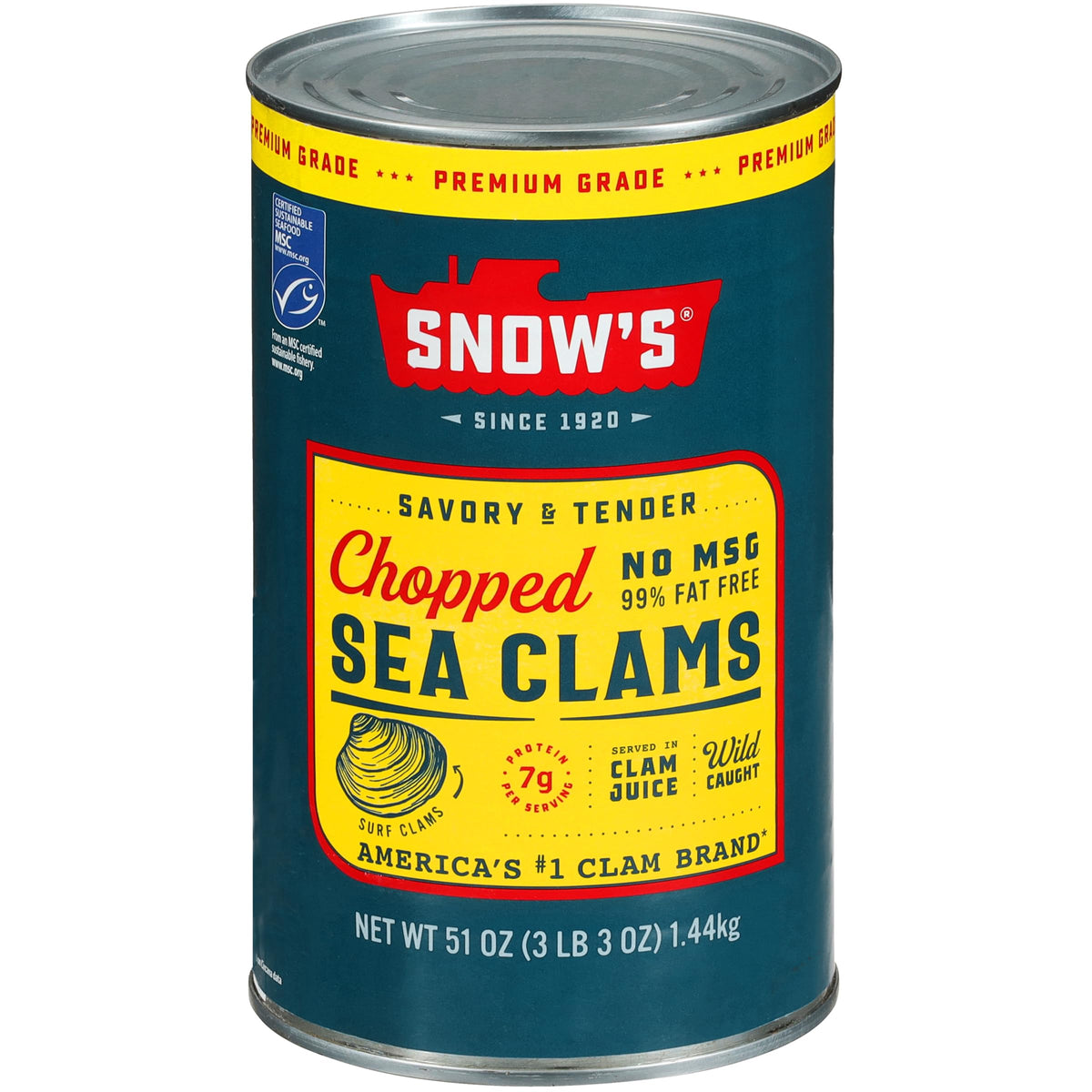 Snow's chopped sea clams in clam juice front view, premium flavor ready for recipes.