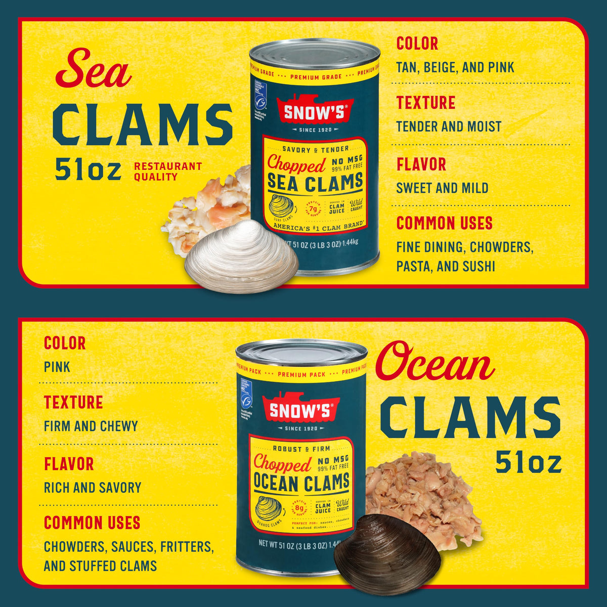 Snow's chopped sea clams in chowder, coastal flavor elevates seafood recipes.