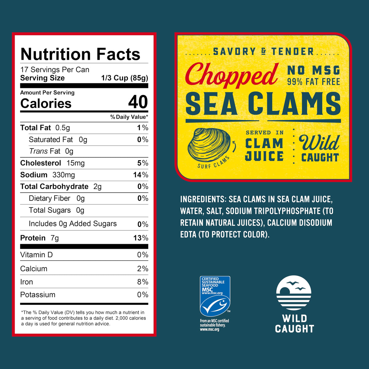 Snow's chopped sea clams open can close-up, convenient pre-chopped seafood for meals.