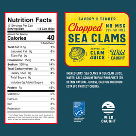Snow's chopped sea clams open can close-up, convenient pre-chopped seafood for meals.