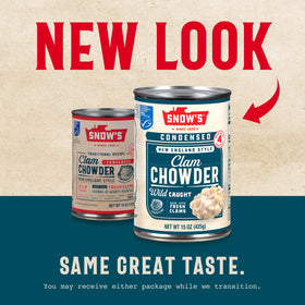Snow's 12-pack of New England Clam Chowder cans for pantry-ready meals.
