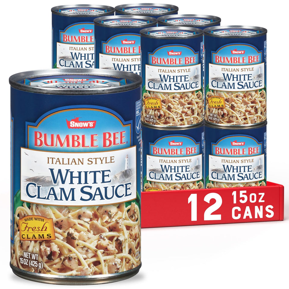 Snow's Italian Style White Clam Sauce can on the shelf indicating convenient pantry option