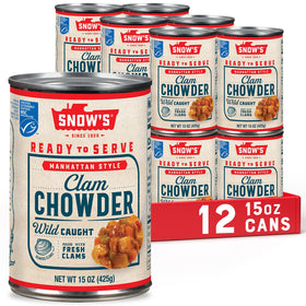 Snow's Manhattan Clam Chowder label showcases authentic recipe and premium ingredients.