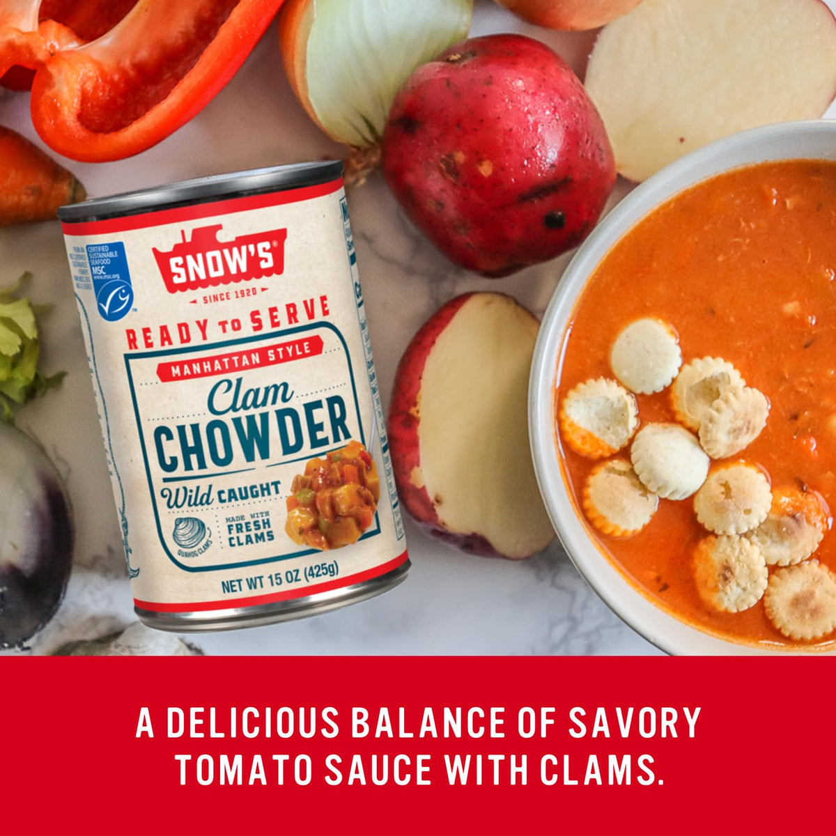 Tomato-based broth with peppers and herbs reflects Manhattan-style flavor in Snow's can.
