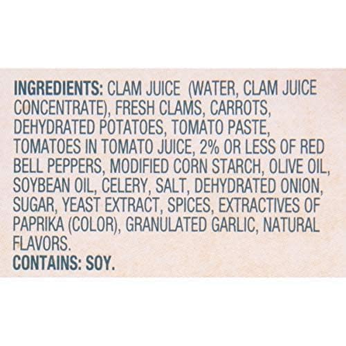 Nutrition facts for Snow's Manhattan Chowder highlight 11g protein per serving.