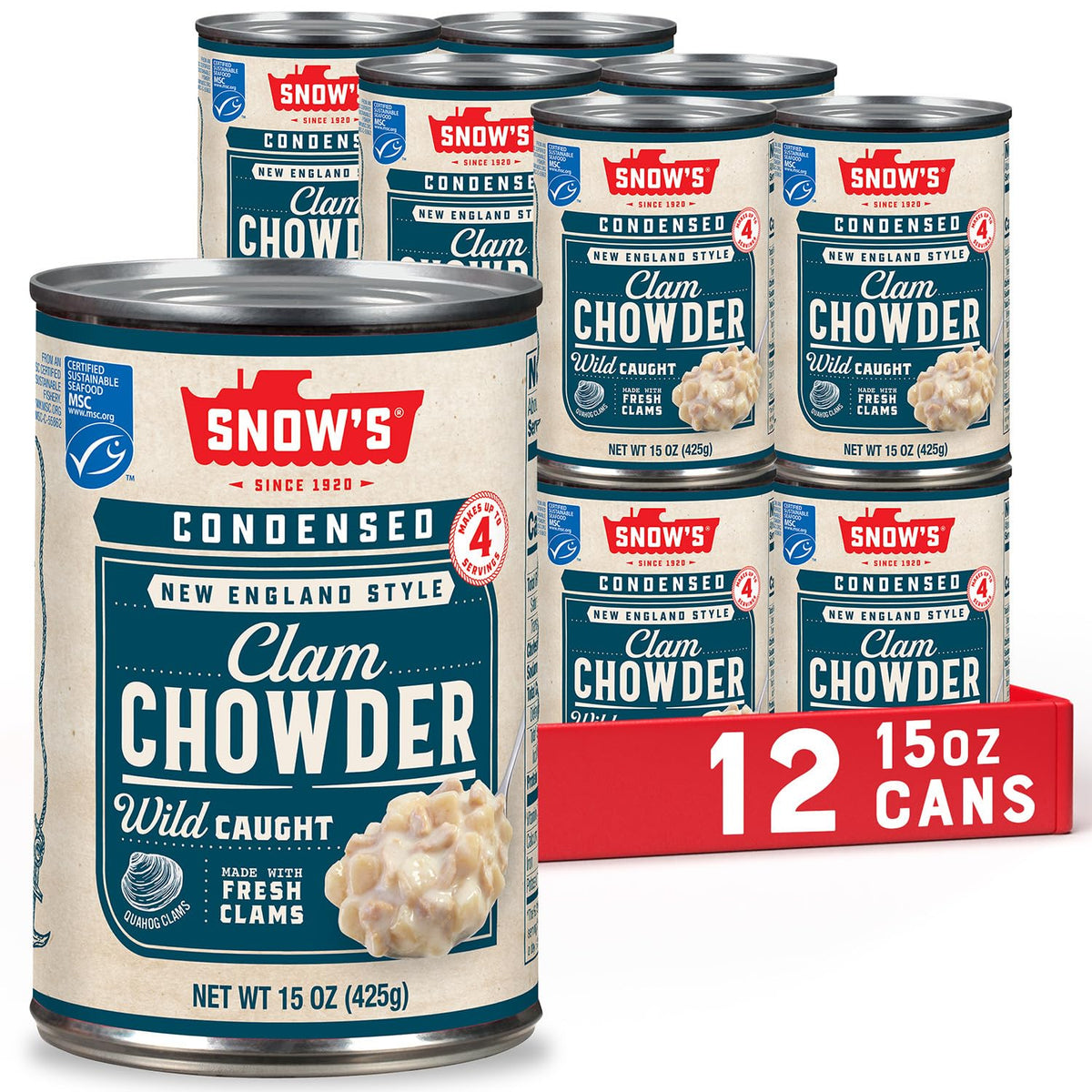 Snow's New England Clam Chowder can close-up with fresh clams, ready to heat.