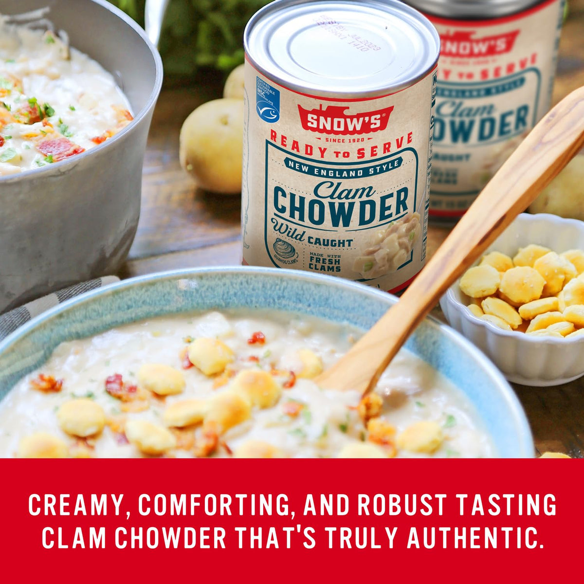 Snow's chowder clams close-up showcases fresh seafood and creamy base