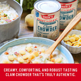 Snow's chowder clams close-up showcases fresh seafood and creamy base