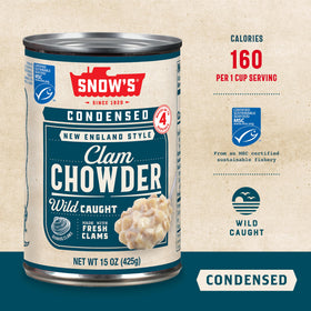 Snow's New England Clam Chowder pot with potatoes and clams.