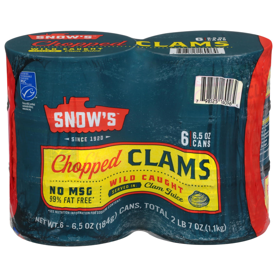 Snow's wild caught chopped clams can front shows ready-to-use seafood for chowders.