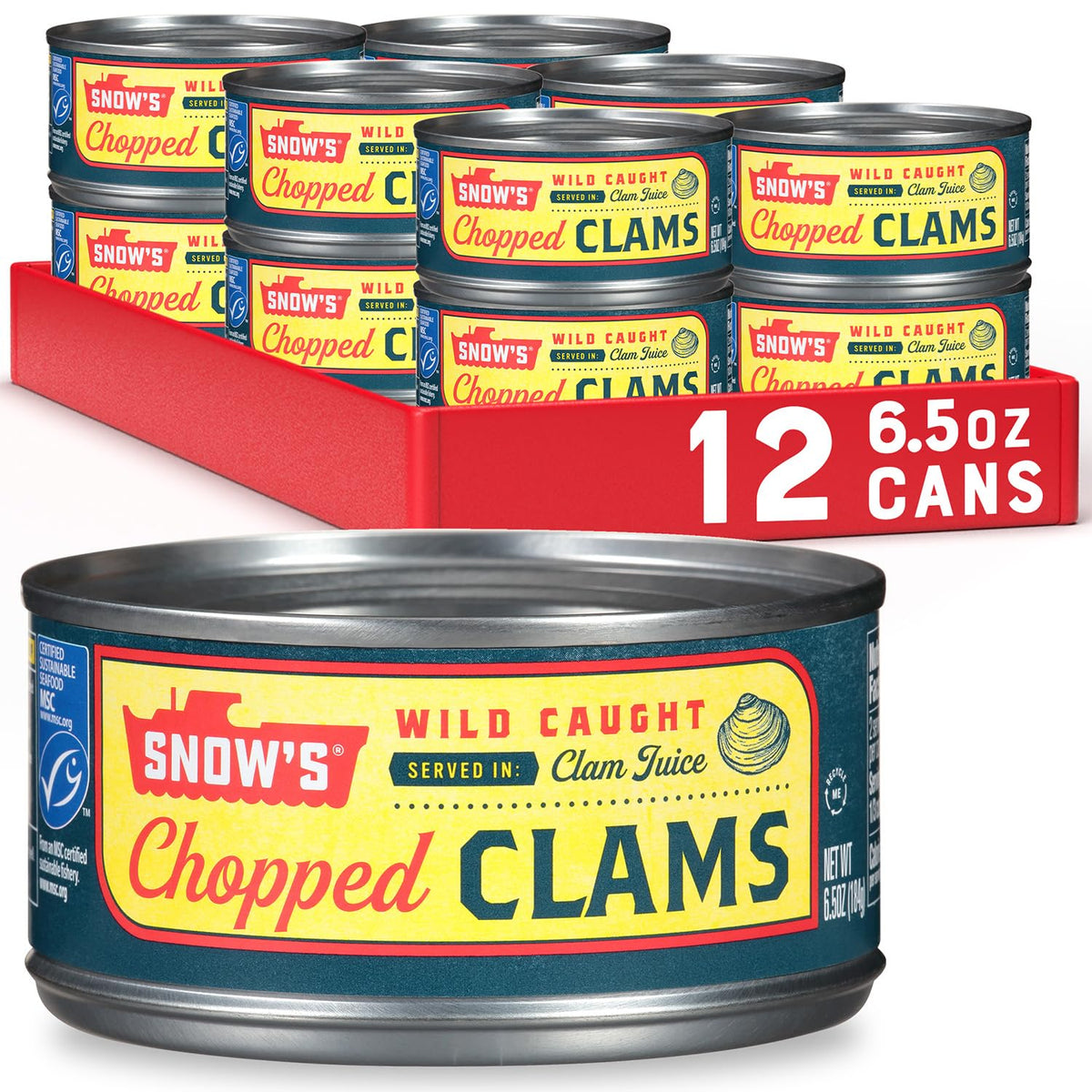 Snow's wild caught chopped clams front label view, authentic New England flavor