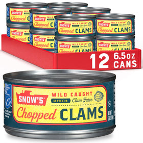 Snow's wild caught chopped clams front label view, authentic New England flavor