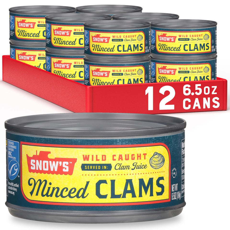 Snow's wild caught minced clams in own juice, ideal for chowders and sauces.