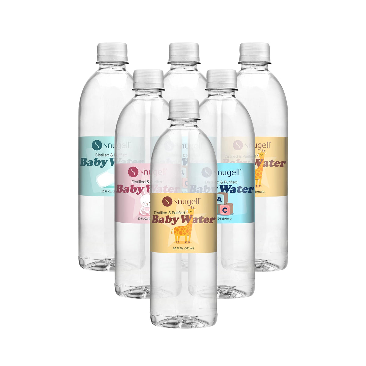 Snugell distilled water packaging for baby care, portable and safe for on-the-go use.