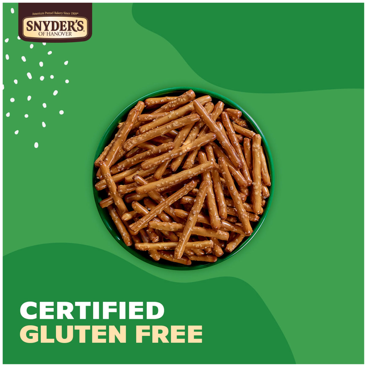 Snyder's Gluten Free Pretzel Sticks 100-calorie pack highlights light, satisfying crunch.