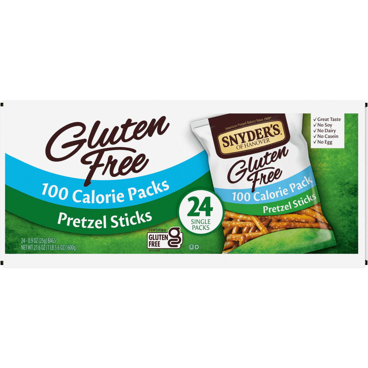 Snyder's Gluten Free Pretzel Sticks 24-pack box presents pantry-ready gluten-free snack.