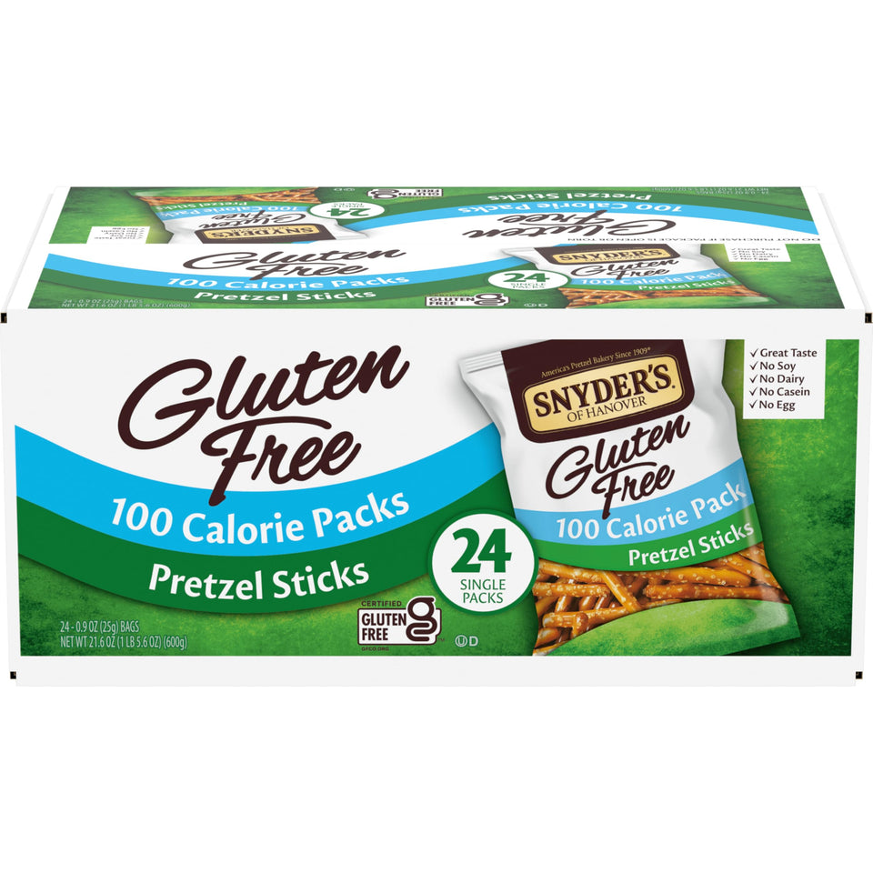 Snyder's Gluten Free Pretzel Sticks front-pack showing gluten-free crunch for on-the-go snacking.