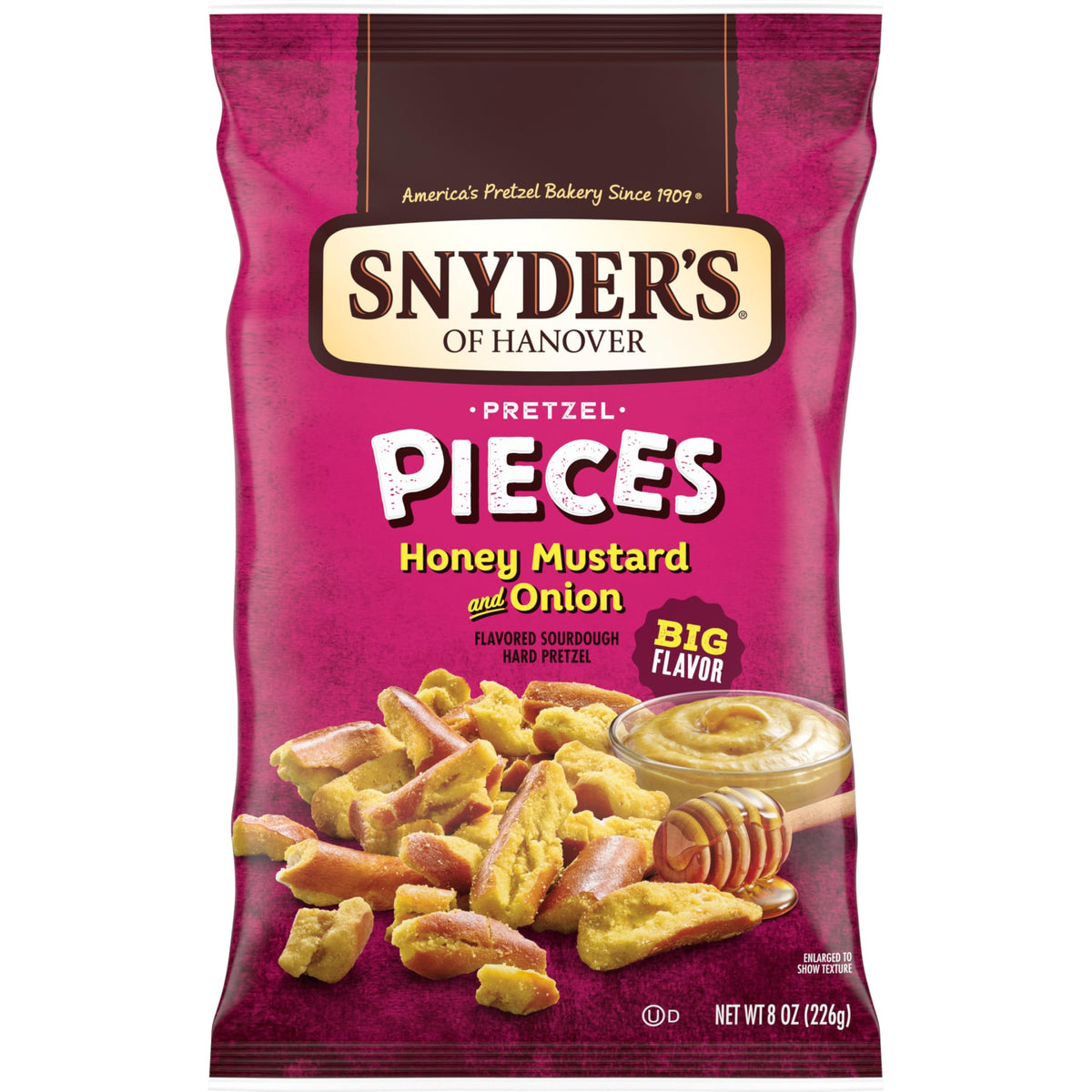 Snyder's of Hanover Honey Mustard and Onion pretzel pieces bag front, perfect for sharing