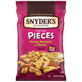 Snyder's of Hanover Honey Mustard and Onion pretzel pieces bag front, perfect for sharing