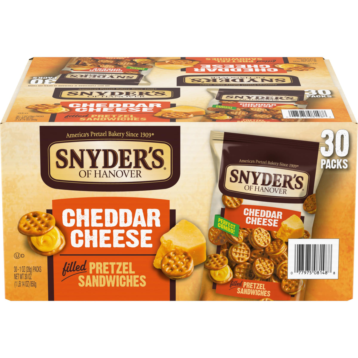 Snyder's of Hanover cheddar pretzel sandwiches pack, a convenient snack for lunches and game days.