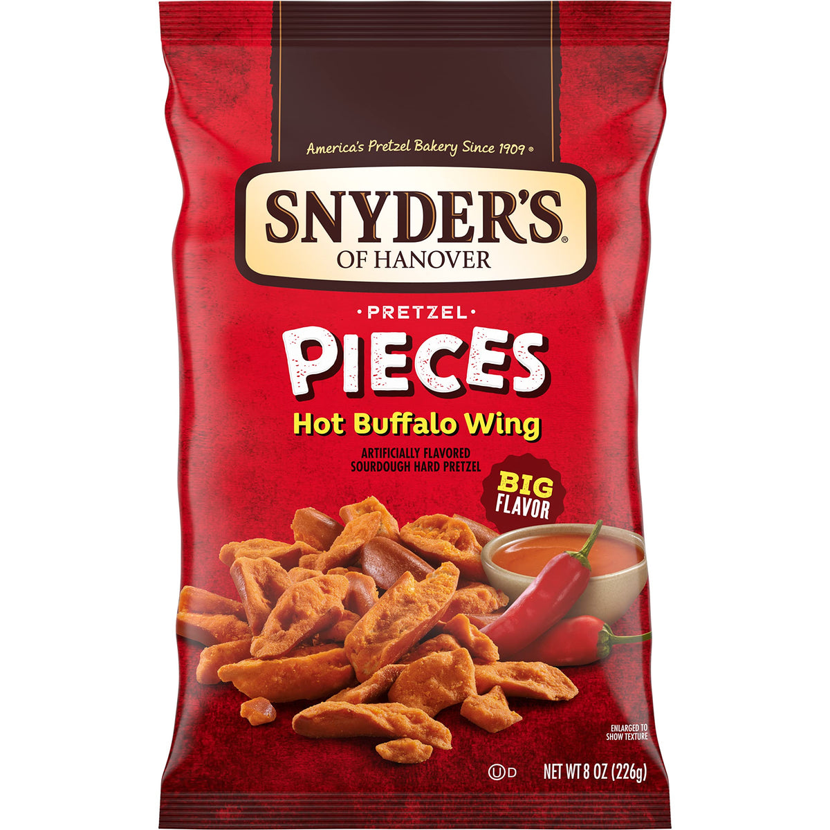 Snyder's of Hanover Hot Buffalo Wing Pretzel Pieces bag front view for sharing