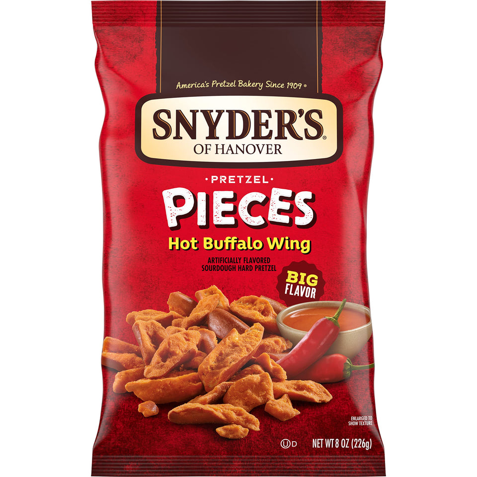 Snyder's of Hanover Hot Buffalo Wing Pretzel Pieces bag front view for sharing