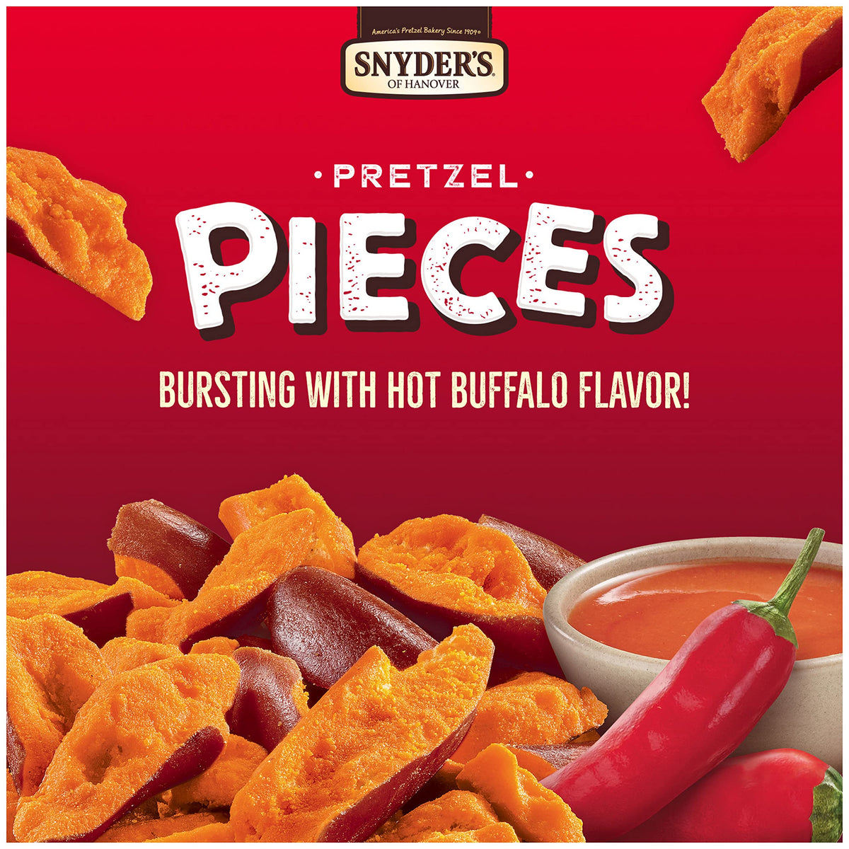 Snyder's of Hanover Hot Buffalo Wing Pretzel Pieces texture close-up
