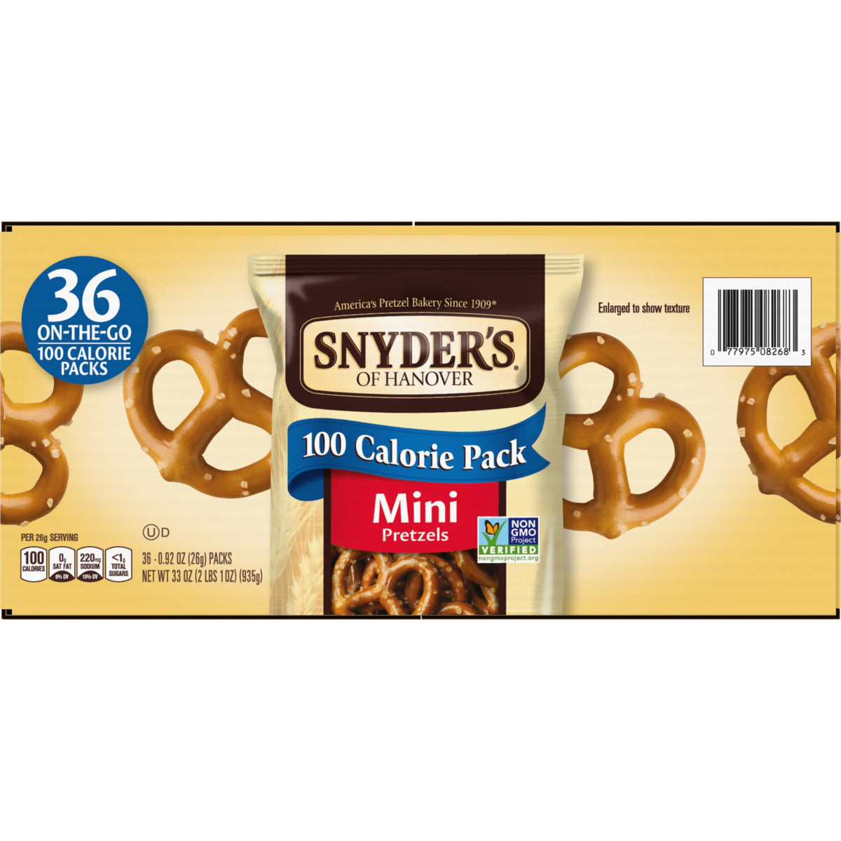Pantry shelf stocked with Snyder's Mini Pretzel 100 Calorie packs