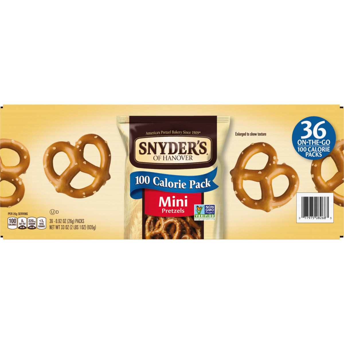 Single-serve pretzel bag labeled 100 calories for on-the-go snacking