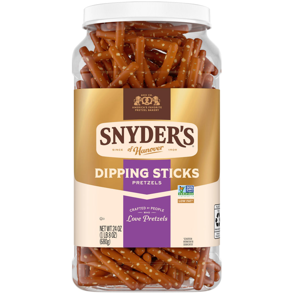 Snyder’s of Hanover Pretzel Dipping Sticks front view; ideal for dipping and sharing.