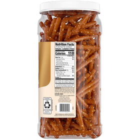 Snyder’s of Hanover canister with resealable lid keeps pretzels fresh.
