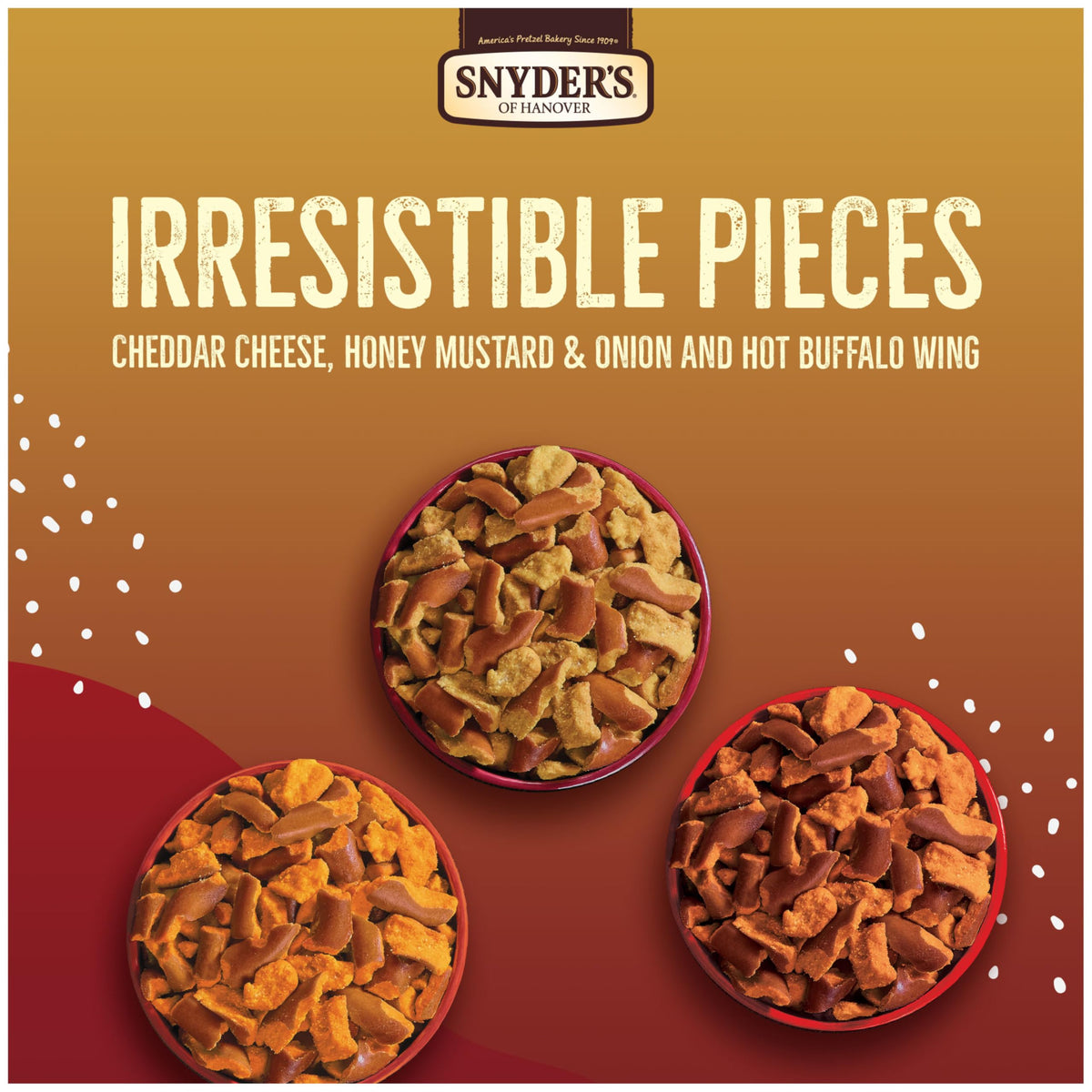 Snyder's Cheddar Cheese Pretzel Pieces bag savory bite ready