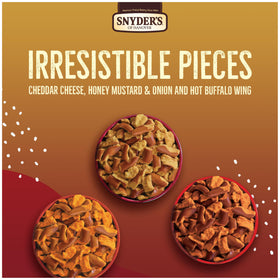 Snyder's Cheddar Cheese Pretzel Pieces bag savory bite ready