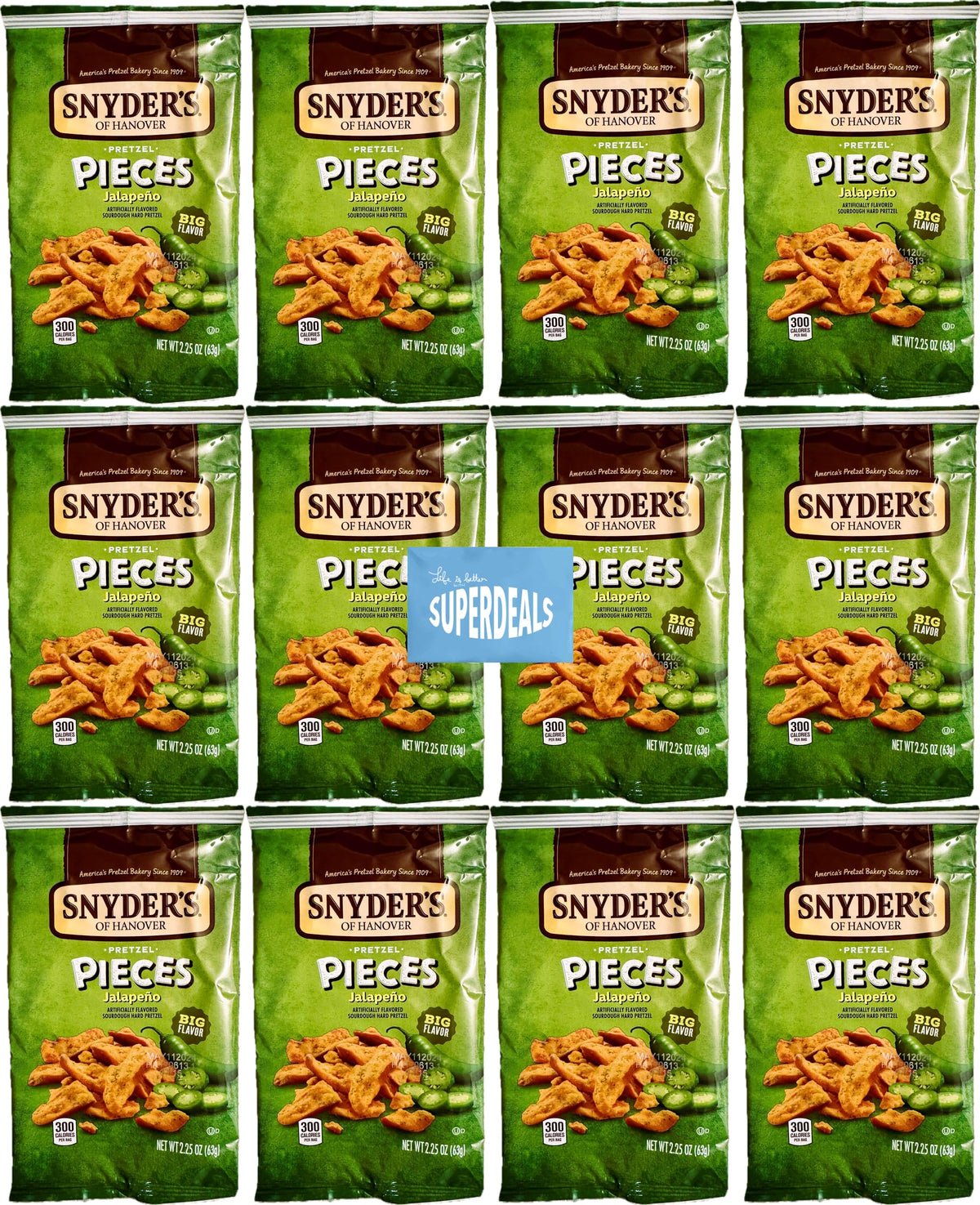 Snyder's of Hanover jalapeño pretzel pieces 12-pack front view highlighting snackability