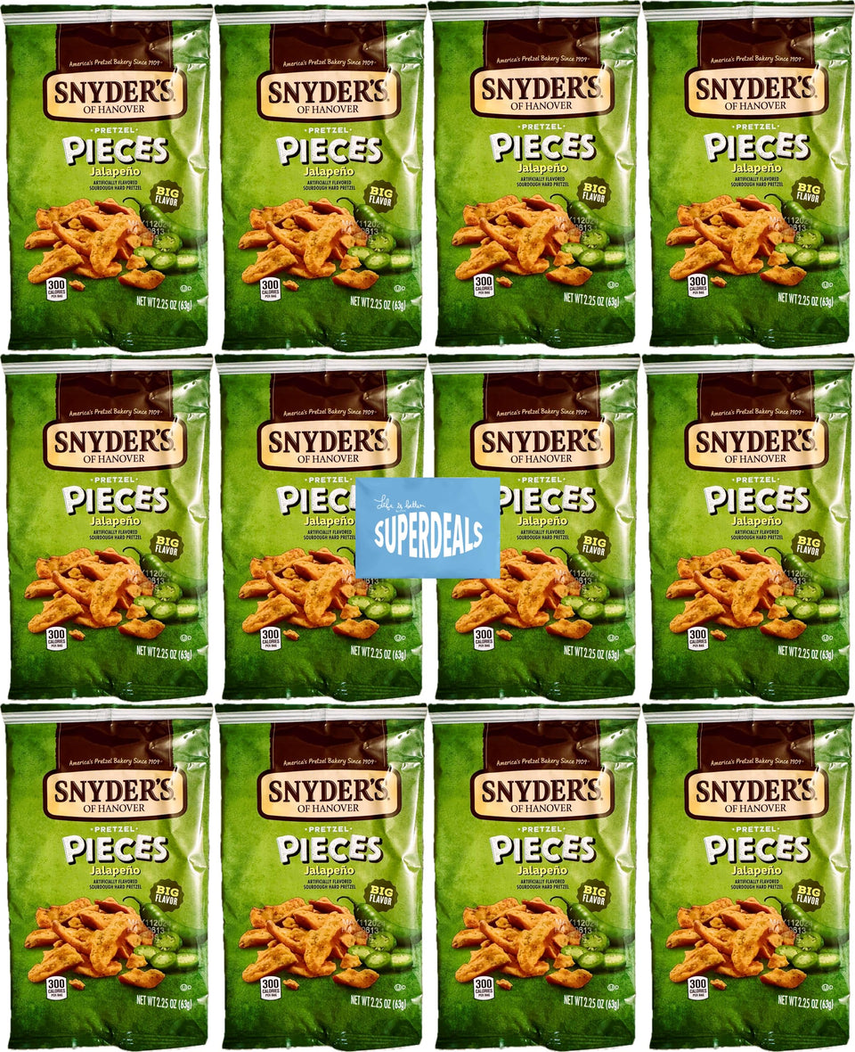 Snyder's of Hanover jalapeño pretzel pieces 12-pack front view highlighting snackability