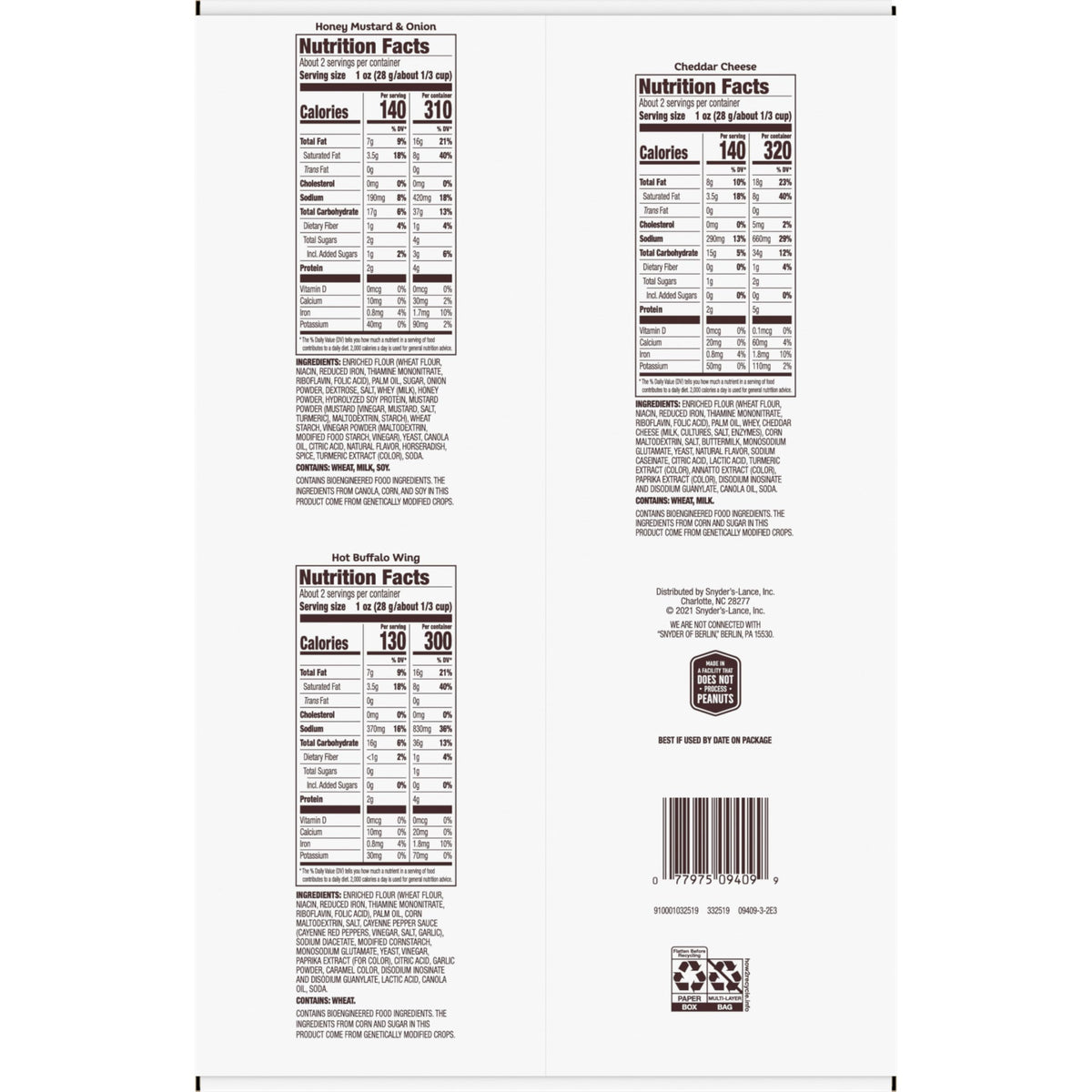 Peanut-free facility badge on Snyder's pretzel packaging for safety reassurance