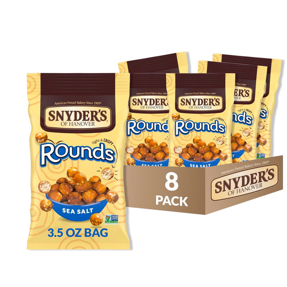 Snyder's of Hanover sea salt rounds offer a crisp, savory bite for on-the-go snacking.