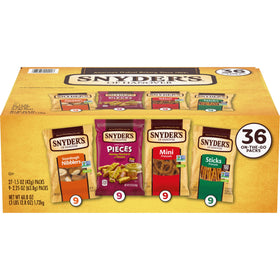 Snyder's of Hanover variety pack pretzels box showing four flavors for versatile snacking