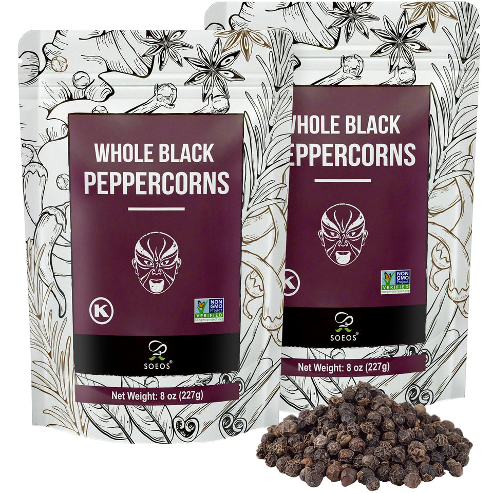 Soeos Black Peppercorns bottle for everyday cooking with fresh aroma.