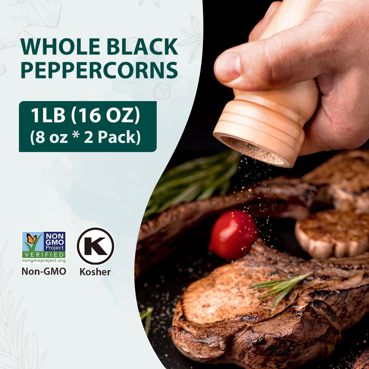 Soeos Black Peppercorns grinder ready to season steaks and roasts.