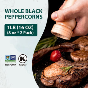Soeos Black Peppercorns grinder ready to season steaks and roasts.