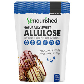 So Nourished Allulose Sweetener granular bottle pour shows sugar-like texture with zero calories for keto use