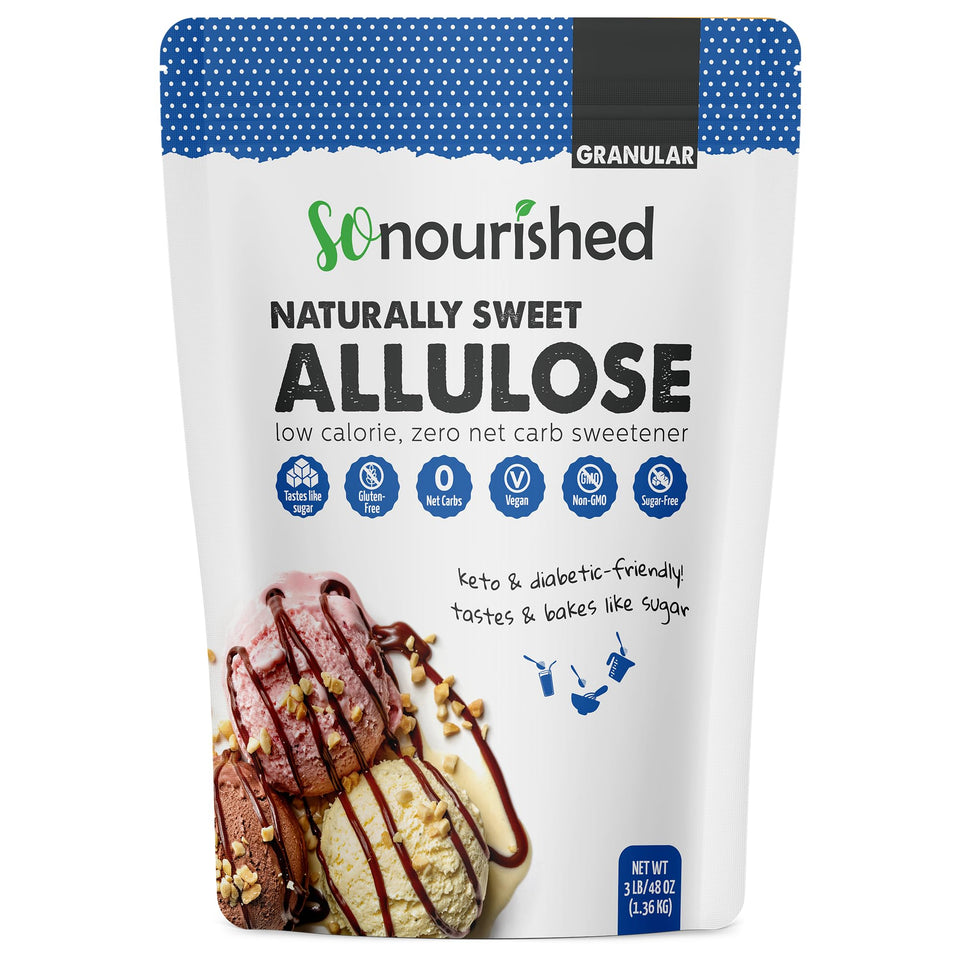 So Nourished Allulose Sweetener granular bottle pour shows sugar-like texture with zero calories for keto use