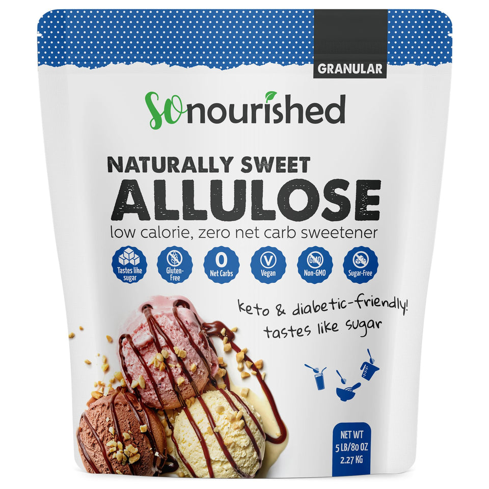 So Nourished Allulose Sweetener granular bottle pour – smooth, natural sweetness for beverages and baking.