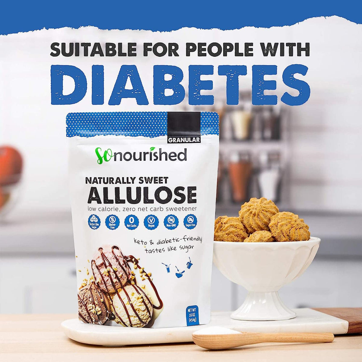 So Nourished Allulose Sweetener granular bowl kitchen – versatile use in coffee, tea, and desserts.