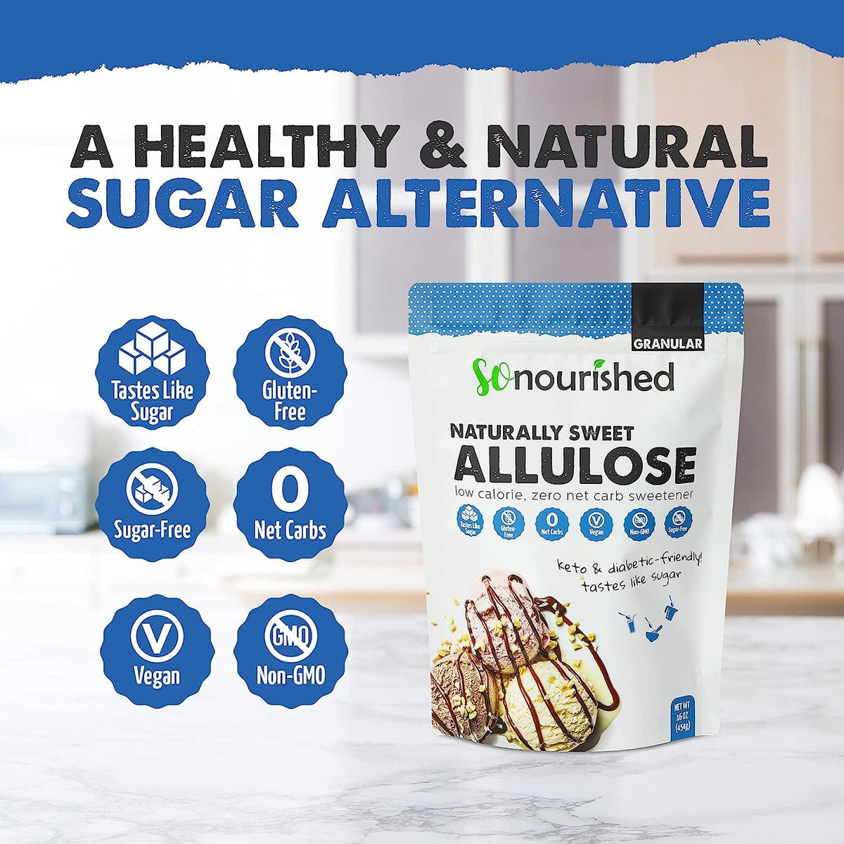 So Nourished Allulose Sweetener granular granules closeup – bright crystals that dissolve easily in hot or cold.